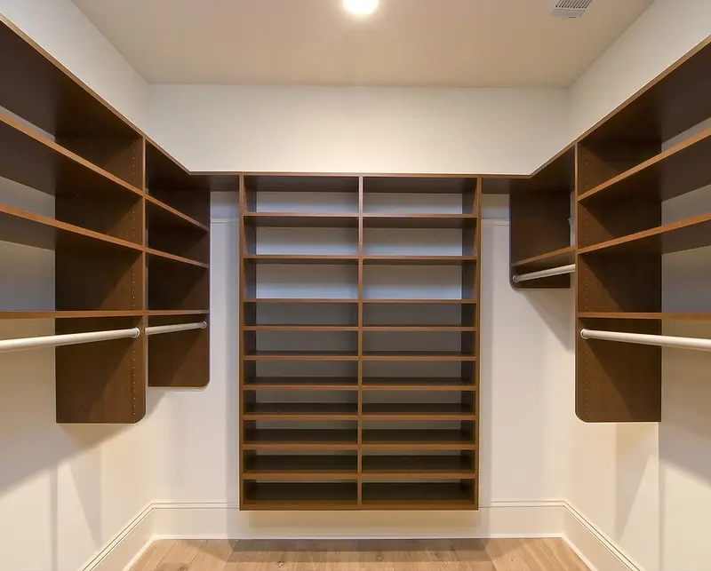 Closet com prateleiras de madeira e sapateira ao fundo