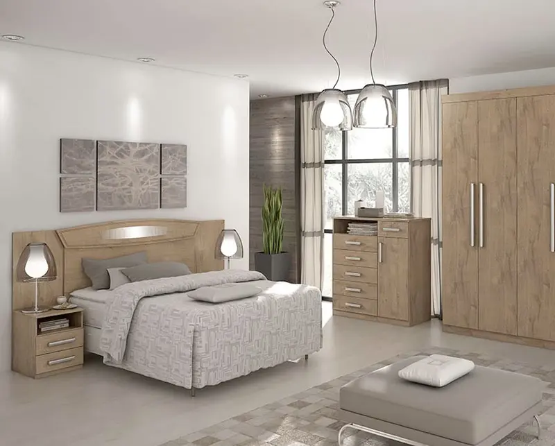 Quarto com cabeceira e cômoda em madeira clara